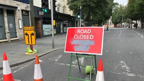 BBC Road closure sign on an empty Upper Parliament Street