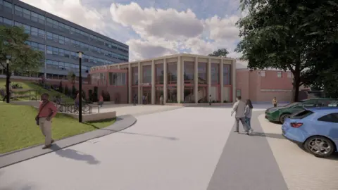 A computer rendering of what the future theatre could look like. It has large two-storey windows where the foyer will be and a large footpath in front with bike parking at the front and cars to the right