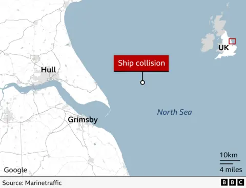 A map shows northeastern England and the North Sea, with the label showing where the ships collided.