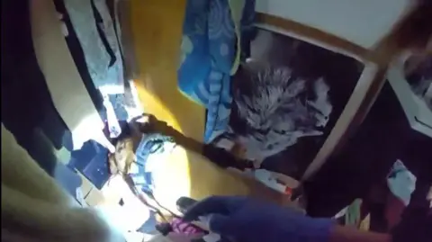 Milo the dog sniffs around a bedroom as an officer illuminates the scene with a torch.