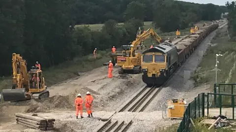 Construction work on East West rail line. Various yellow vehicles are working on the uninstalled lines, with construction workers dotted around the site wearing orange hi-vis jackets.