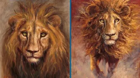 Dorset Police Pair of portrait paintings of lions - on the left showing the full face of one close up and on the right a lion running towards the viewer.