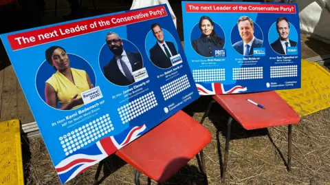 Two cards where people can vote for their preference of Tory leader on red chairs. Kemi Badenoch, James Cleverley, Robert Jenrick, Priti Patel, Mel Stride and Tom Tugenhadt are pictured on two blue cards under a header saying: The next Leader of the Conservative Party?