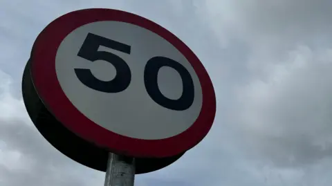 Low-angle view of a circular 50 mph speed limit sign against a cloudy sky, with a tree visible to the side.