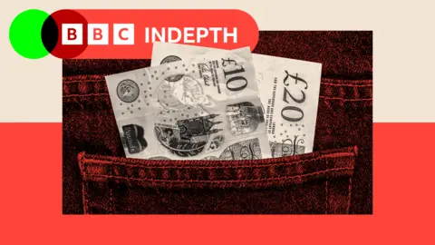 A treated image of a pocket with a £10 note and a £20 note.