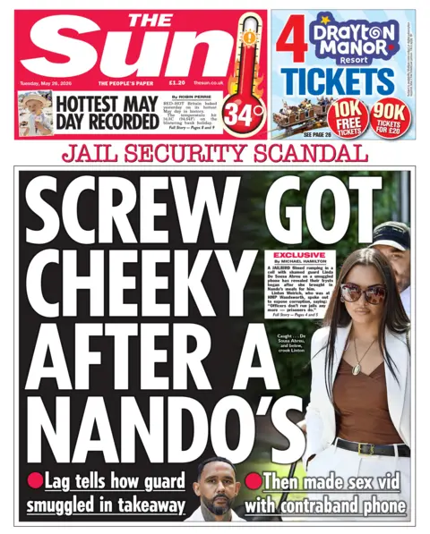 "Screw got cheeky after a Nando's" reads the headline on the front page of the Sun.