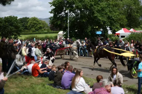 ADAM VAUGHAN/EPA/Shutterstock A man in a horse-drawn two-wheeled carriage makes his way along a street as crowds watch from the grass verges.