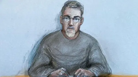 Court artist chalk drawing of Daniel Andreas San Diego, in 2025, with a white goatee beard.