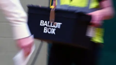 A stock image of a ballot box arriving during the count, carried by a person wearing a high-viz vest.