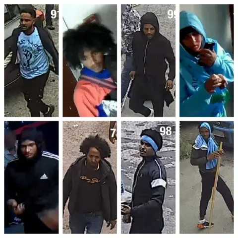 Handout CCTV photos of eight of the men police want to trace.