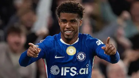 Andrey Santos celebrating a goal for Chelsea.