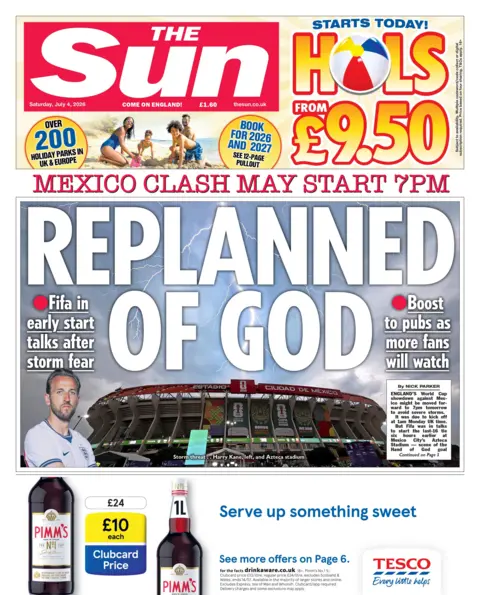 The headline on the front page of the Sun reads: “Replanned of god”.