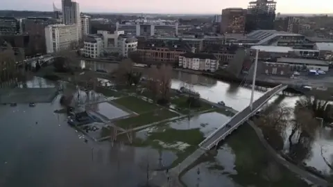 A photograph taken by a drone showing flooding around Reading town centre from January 2024. 