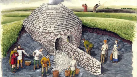 An illustration of Roman people working around a limekiln - a stone structure used to produce quicklime. They are shovelling the output into buckets. People can be seen working the land behind the limekiln in a field.