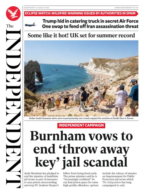 The headline on the front page of the Independent reads: "Burnham vows to end 'throw away key' jail scandal."