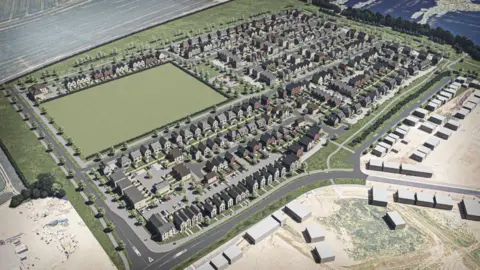 Aerial computer generated image of a new estate. There are a number of residential streets and a green field.