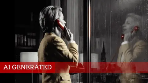 NEM/Hungary A woman holds a red phone at a window