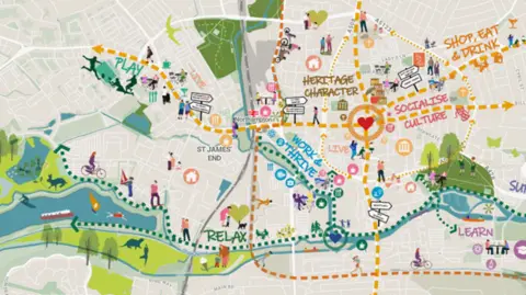 West Northamptonshire Council A graphic of a map of Northampton town centre, that has been annotated and doodled on to show ideas on the masterplan. For example the words "Shop, eat & drink" are in orange on the top right and "heritage character" in brown at the middle. The map shows a lake with boats and swimmers on the left, and a picture of a red heart at the centre.