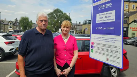 A man and woman standing in a car park, next to a parking meter.