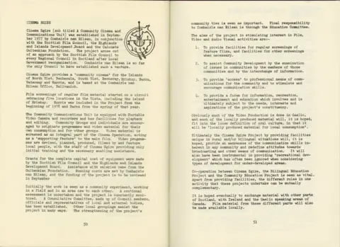 Cinema Sgire/Museum Nan Eilean Two pages from a yellowing document, the text in small courier type face from a typewriter of the period. It describes in some detail the objectives of the scheme.