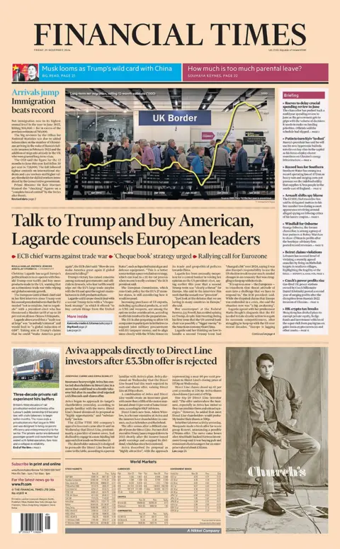 The headline in the Financial Times reads: "Talk to Trump and buy American, Lagarde counsels European leaders"