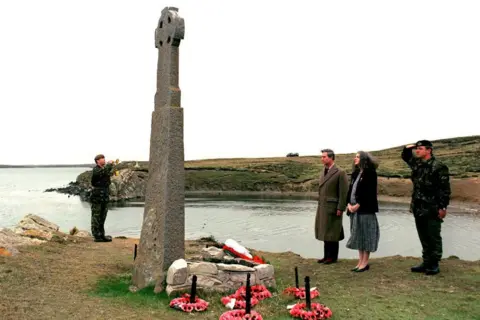 Getty Images Prince Charles, now the King, lays a wreath at The Welsh Cross Memorial