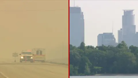 Split screen of yellow skies on the left and hazy skies on the right over a city