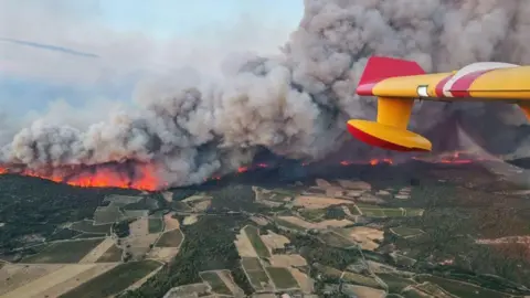 Préfet de l'Aude A wall of fire seen from an aircraft burns across the green patchwork of southern France fields.