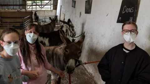 family Seren and her mum and sister stand with some donkeys on a day out