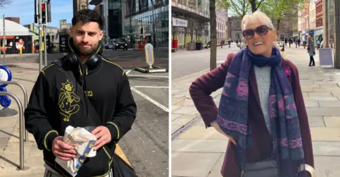 On the left-hand side of the image a young man stands on a street in a black hoodie while holding a bag of Greggs pastries. This is a composite image with a split down the middle, with the right-hand side image showing an older woman in sunglasses and a dark red coat with a purple scarf, smiling with her hand on her hip. They are both stood on different streets.