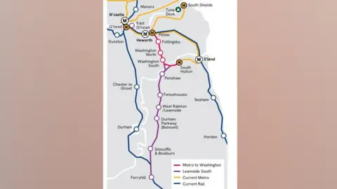 LDRS A map showing the potential stations on the Leamside Line, including the current railway line, Metro line and the Metro to Washington.