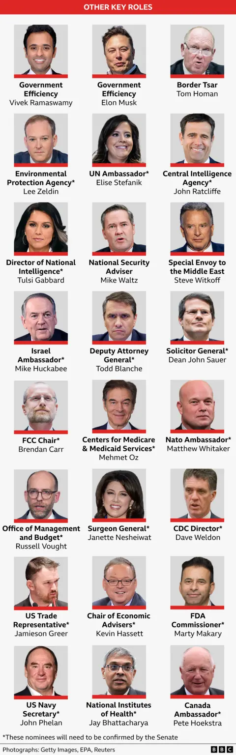 Graphic showing faces of people nominated for key roles - from top left: Vivek Ramaswamy, Elon Musk, Tom Homan, Lee Zeldin, Elise Stefanik, John Ratcliffe, Tulsi Gabbard, Mike Waltz, Steve Witkoff, Mike Huckabee, Todd Blanche, Dean John Sauer, Brendan Carr, Mehmet Oz, Matthew Whitaker, Russell Vought, Janette Nesheiwat, Dave Weldon, Jameson Greer, Kevin Hassett, Marty Makary, John Phelan, Jay Bhattacharya and Pete Hoekstra