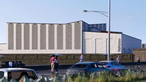 A computer drawn rendering of a grey building with an angled roof. The word "Tropicana" is placed vertically on the building.  