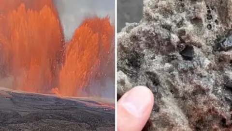 A split screen with HAWAII'S KILAUEA VOLCANO ERUPTING on the left and a hand holding tephra on the right.