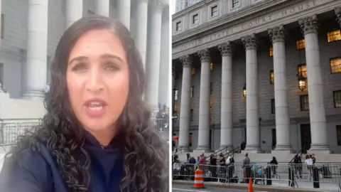 On the left, Nada wearing navy shirt; on the right, New York courthouse.