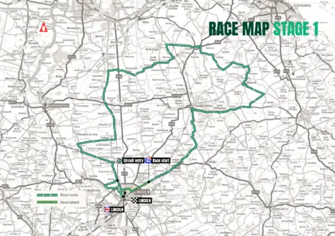British Cycling A map of Lincoln showing a route highlighted in green.