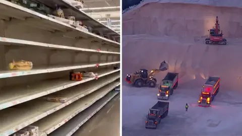 Empty shelves as seen on the left and a mountain of salt is seen on the right.