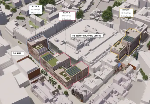 Corstorphine & Wright A CGI image of what the Belfry Shopping Centre in Redhill could look like after being redevelopment. The image identifies three blocks - A, B and C - and the number of proposed apartments and retail units for each.