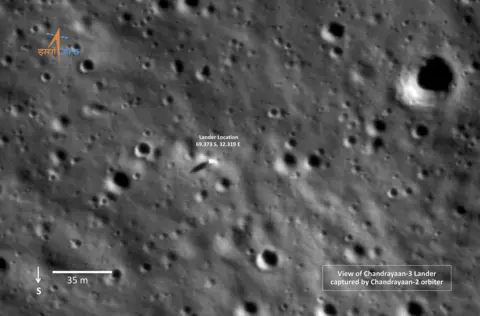 ISRO An image showing the location of Chandrayaan-3 lander and the south pole lunar surface