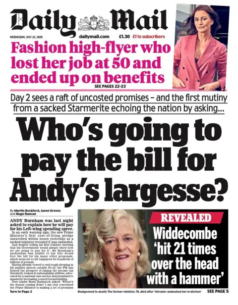 The headline on the front page of the Daily Mail reads: “Who's going to pay the bill for Andy's largesse?”.