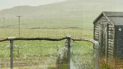 Weather Watching Wendy A green and hilly landscape with snow falling all around. There's a brown shed on the right of the image and power cables running down the middle of the picture.
