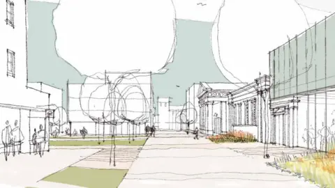 Austin-Smith: Lord An illustration showing Inverness Library and a green space in front of the buildings. There are drawings of people in the green space.