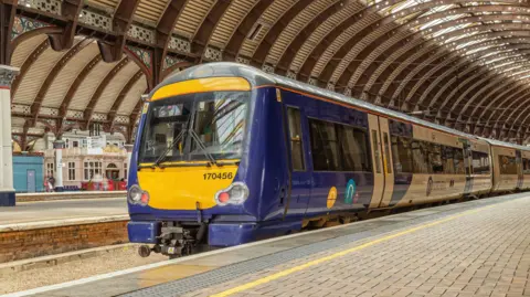 A train stands at a railway station platform covered by a curving iron canopy.
