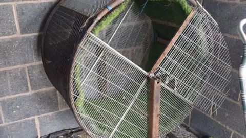 A circular metal large item with holes in it and greenery inside mimicking grass. It looks like a large hamster wheel and it is next to a grey brick wall.