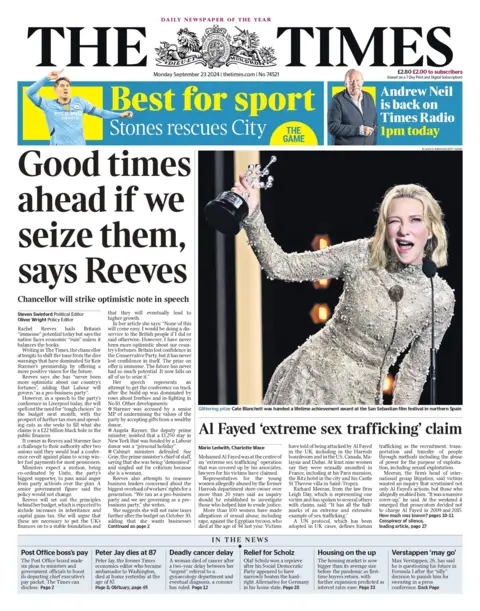 The Times headline reads: Good time ahead if we seize them, says Reeves 