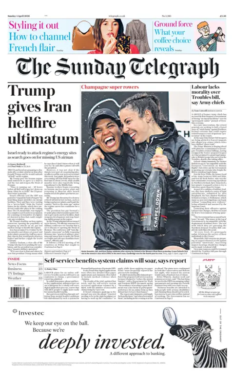 "Trump gives Iran hellfire ultimatum" reads the headline on the front page of the Sunday Telegraph.