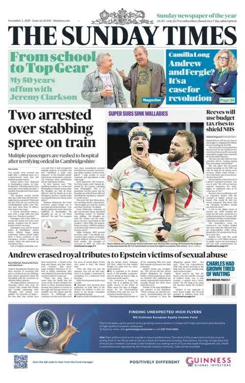 "Two arrested over stabbing spree on train," reads the headline on the front page of the Sunday Times