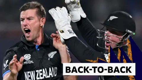 Cole McConchie celebrates with wicket keeper Tim Seifert