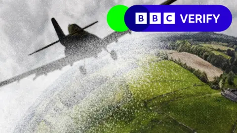 BBC Illustration shows a small plane flying over a green landscape, as it sprays small particles into the atmosphere.  Some social media users mistakenly claimed that this was actually behind the cold and wet spell in the UK.  The BBC Verify logo can be seen in the top right corner of the image.
