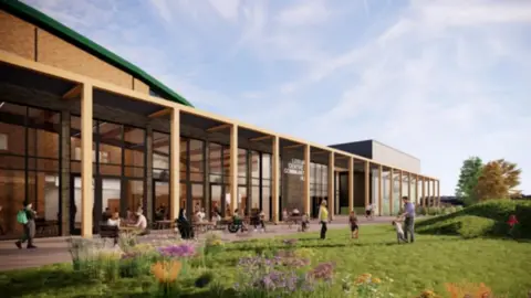 A computer-generated image of the exterior of a grey brick leisure centre, with large glass windows and pillars. People are sitting outside around tables, and there is a grassy area with wildflowers on it next to the outdoor seating area.